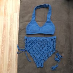 Size Small/Medium. Brand New With Tag On Original Packaging. Crochet High Waist Bikini. Two-Piece Set. Tag Says Medium, But Can Also Fit A Small. For Picture Reference, I Am 5'2", 105lbs And Usually Wear Xs. The Top And Bottoms Are Both Very Big On Me. Tags: High-Waist, High Waisted, High-Waisted, Victoria's Secret, Festival, Rave, Ravewear, Swim, Swimsuit, Swimwear, Bathing Suit, Two Piece, Brandy Melville, Nastygal, Dollskill, American Apparel, Unif, Wildfox, Free People, Urban Outfitters Blue Crochet Swimwear For Poolside, Sleeveless Crochet Swimwear For Beach Party, Crochet Blue Swimwear For Beachwear, Summer Crochet Halter Neck Swimwear, Fitted Blue Crochet Swimwear, Fitted Summer Crochet Top For Poolside, Blue Crochet Swimwear For Beach Season, Blue Crochet Swimwear For Festivals, Blue Crochet Summer Swimwear