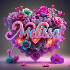 the word melissa written in 3d letters surrounded by flowers and hearts on a gray background