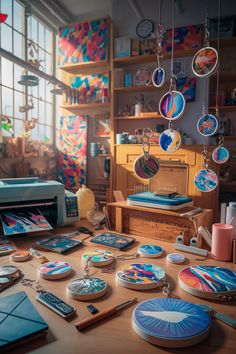 a table with many different items on it, including buttons and other things hanging from the ceiling