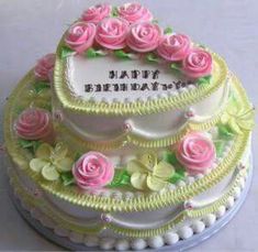 a birthday cake decorated with pink roses and the words happy birthday written on its top