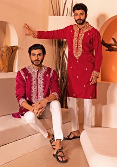 Crimson Red Chinese Collar Emrboidered Kurta Set Shreyansh - Fabilicious Fashion Kurta Designs Men's, Gents Kurta Design, Red Kurta, Gents Kurta, Kurta Men, Kurta Style, Beads Work, White Kurta, Chinese Collar