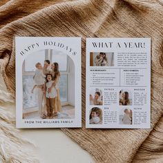 two magazine covers sitting on top of a bed next to a blanket and pillows with pictures of people in them