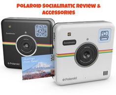 the polaroid camera is next to an image of a mountain with a rainbow stripe