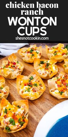 chicken and bacon wonton cups on a cutting board with the title text overlay