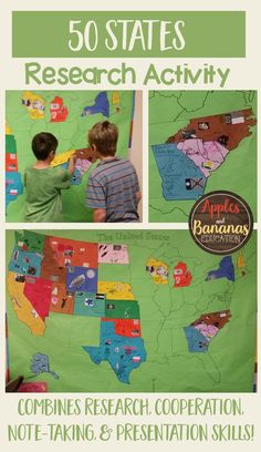 children are looking at a map with the words, 50 states research activity combines research and presentation skills