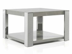 a silver side table with metal slats on the top and bottom, against a white background