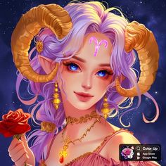 a girl with purple hair and horns holding a rose in her hand while wearing gold jewelry