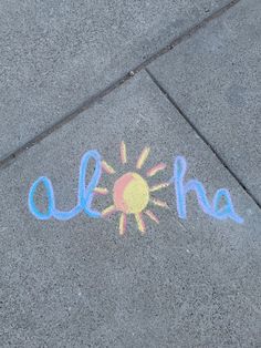 the sidewalk has been drawn with chalk and is next to a street sign that says aloha