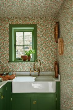 a kitchen with green cabinets and a white sink in front of a window that has a potted plant on it