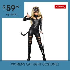 This back-alley feline is as fierce as she is fabulous. If you want to add a flirty feline flavor to your cat halloween costume, this cute kitty is the one for you. Definitely the pick of the litter of sexy halloween costumes, this metallic polyester jumpsuit stretches over your curves like a second skin. Scratch-like openings run down each thigh and sexy cutouts accent the shoulders and neck. The alluring mask is the cat's meow. Whip not included.Includes:Jumpsuit with attached belt and tailHe… Cat Halloween Costume, Cat Halloween, Cute Kitty, Cats Meow, Halloween Cat, Second Skin, Halloween Costume, Are You The One, Cute Cats