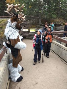 two people are standing next to a large stuffed animal with antlers on it's head