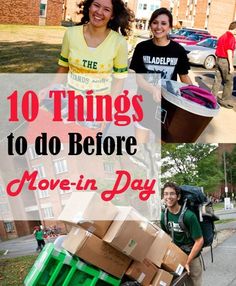 some people are carrying boxes and backpacks down the street with text overlay that reads 10 things to do before move - in day