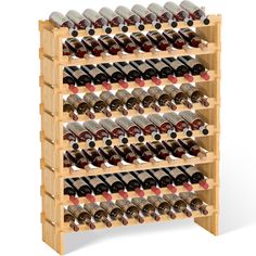 a wooden wine rack filled with lots of bottles