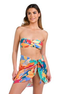 A vibrant tropical print and tassel-tipped ties bring beach-ready vibes to this cover-up pareo that's perfect for resort getaways. Tie closure 100% viscose Hand wash, line dry Imported Multicolor Summer Sarong For Beach Cover-up, Bohemian Tropical Print Sarong For Beach Cover-up, Multicolor Tropical Print Summer Cover-up, Multicolor Cotton Sarong For Beach Cover-up, Multicolor Printed Sarong For Beach Cover-up, Floral Swimwear, Blue Rainbow, Beach Ready, Cover Up Dress