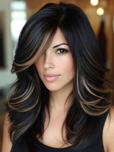 Gorgeous Ideas for Black Hair with Highlights: Elevate Your Style Highlights For Medium Hair, Best Balayage For Black Hair, Black Brown Hair Color Ideas, Layered With Highlights, Hidden Highlights Hair, Face Framing Layers Black Hair, Black Hair Balayage Straight, Black Hair Haircut, Black Hair With Caramel Highlights