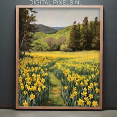 an oil painting of yellow flowers in a green field with trees and hills behind it