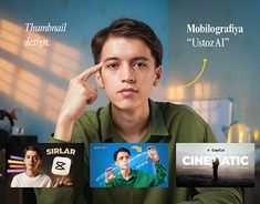 a young man sitting at a table with four different movies on the wall behind him