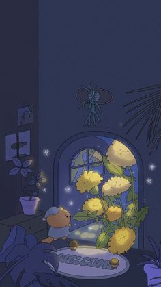 a cartoon scene with a teddy bear looking at a flower pot on a table in front of a window