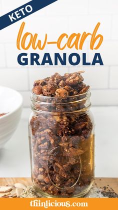 a jar filled with granola sitting on top of a wooden cutting board