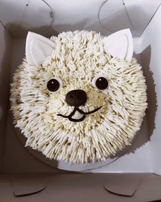 a cake in the shape of a cat's head is decorated with white frosting