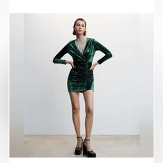 Party Cocktail Night Out Ruched Green Velvet Mini Dress Size S Women's Ruched Velvet Dress Size S. (19 In Pit To Pit 31 I. Long) High Quality Velvet Green Velvet Mini Dress, Mango Wrap, Grey Sheath Dress, Hot Pink Mini Dress, Mango Dresses, Mango Dress, Short Design, Short Sleeve Mini Dress, Denim Mini Dress