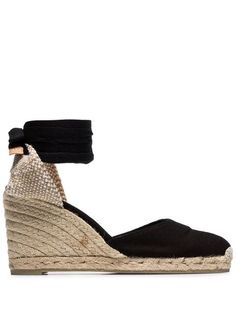 Shop Castañer black Carina 80 ankle tie wedge sandals Sandals Black, Wedge Espadrille, Black Canvas, Espadrilles Wedges, Casual Elegance, Wedge Heels, Wedge Sandals, Perfect Pair, Yves Saint Laurent