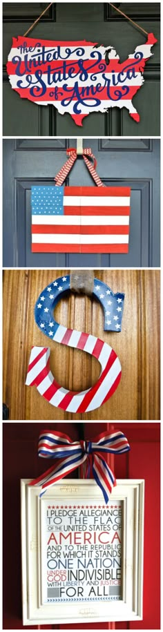 four different patriotic signs hanging from the front door, including an american flag and a wreath