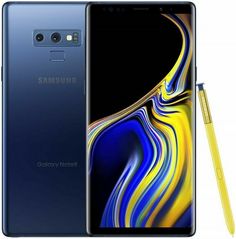 the samsung note9 is next to a yellow pen and it's blue color