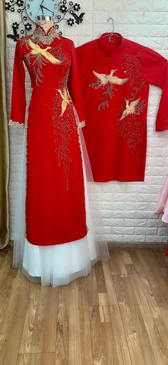 Beautiful traditional Vietnamese Ao Dai made to fit your measurements! - Choose between 2 styles - Style 1: red with golden embroidered birds and beaded golden lace throughout - can be ordered as single or couple - Style 2: two-tone red & pink - cute embroidered bird and flowers with 3D flowers on bodice - Optional head piece at extra cost: please message us with a style you want - Price include pants for the bride's Ao dai The dress will need 2-3 weeks to be made. Please send us your body m Vietnamese Wedding Ao Dai, Wedding Ao Dai, Qipao Wedding, Vietnamese Ao Dai, Asian Style Dress, Embroidered Birds, Vietnamese Wedding, Golden Lace, Couple Style