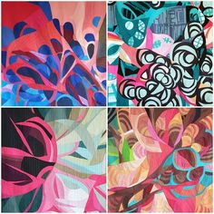 four different colored abstract paintings on canvases