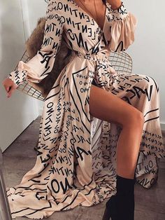 I found this amazing Sexy Letters Printing V-neck Long-sleeve Lace-up Maxi Dress with US$34.99,and 14 days return or refund guarantee protect to us. --Newchic Looks Chic, Trend Fashion, Looks Vintage, Printed Maxi Dress, A Dress, Elegant Woman, Elegant Fashion, Letter Print