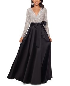 XSCAPE Sequinned-Top Ball Gown & Reviews - Dresses - Women - Macy's Charcoal Mother Of The Bride Dress, Winter Mother Of The Bride Dresses Classy Long Sleeve, Formal Dress For Women Wedding Guest, Long Sleeve Mother Of The Bride Dresses, Black Taffeta Skirt, Black Tie Dresses, Long Sleeve Sequin Top, Mode Ab 50, Tie Dresses