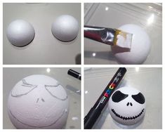 four different pictures of white balls with faces painted on them and one has a brush in it