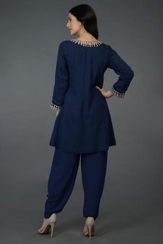 Shop for Talking Threads Blue Cotton Silk Embroidered Kurta Set for Women Online at Aza Fashions Salwar Pants, Kurta Set For Women, Short Kurta, Navy Blue Shorts, Embroidered Shorts, Style Pants, Kurta Set, Silk Crepe, Embroidered Silk