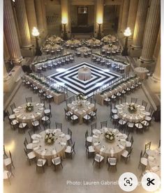 an overhead view of a banquet hall with tables and chairs set up in the center