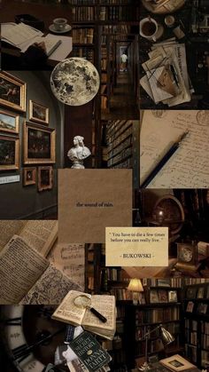 a collage of books, pictures and other items in a room that is filled with old