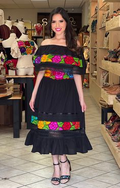 This Beautiful Off the Shoulder Mexican Dress has lace details throughout the dress. It's comfortable with elastic around the shoulder and waist and it's made out of cotton. The flowers are embroidered by Mexican Artisans on an artisanal Machine. Please note: You have the option of purchasing the dress with one of the two belt options shown for a special price or purchasing the dress on its own. Mexican Fiesta Dresses, Mexican Style Dresses, Traditional Mexican Dress, Handmade Blouse, Mexican Embroidered Dress, Fiesta Dress, Mexican Theme, Mexican Fashion, Mexican Embroidery