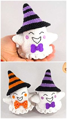 crocheted halloween decorations made to look like they are wearing hats and bow ties