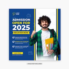 a blue and yellow graduation flyer with an image of a man holding books in his hand