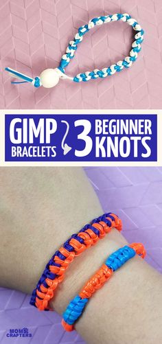 two different bracelets with the words gimp 3 beginner knots on them and an image