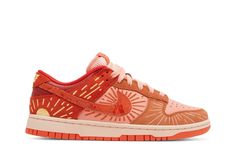 The Nike women’s Dunk Low ‘Winter Solstice’ features a unique design that nods to the low-hanging sun that accompanies the winter months. Radiating lines are embroidered throughout the upper, featuring a pink leather base with suede overlays in burnt orange and crimson. The latter wraps around the heel with a yellow half-sun graphic in contrasting yellow embroidery. ’12.21.12’ is displayed on the tongue tag of the right shoe and the sockliner of the left, nodding to the official start of the winter solstice in the year 2021. The low-top rests on a pink-tinged midsole, supported underfoot by a bright red rubber outsole. Pink And Orange Nike Shoes, Orange Sneakers Aesthetic, Winter Solstice Dunks, Nike Dunk Low Winter Solstice, Pink And Red Sneakers, Embroidered Nike Shoes, Pink And Orange Sneakers, Painted Shoe Designs, Cute Tenishoes