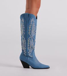 Unveil your glamorous country style in these must-have denim cowboy boots perfect for a rodeo or country festival! They feature a pointed toe. side zipper closure. classic western-inspired stitching with sparkly iridescent rhinestone embellishments. and a stacked block heel. Complete the look in a trendy hat.Fit & Features Pointed toe Side zipper closure Western-inspired stitching Iridescent rhinestone embellishments Stacked block heel Denim material Runs true to size Blue Party Boots With Rhinestones, Blue Western Party Boots, Blue Rhinestone Party Boots, Blue Rhinestone Boots With Pointed Toe, Katyannatwo Rhinestone Embellished Over-the-knee Western Dress Boots, Trendy Hat, Children Shoes, Long Boots, Cowgirl Boots