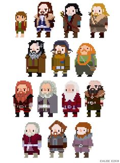 pixel art with many different characters in each character's body and head, including one man