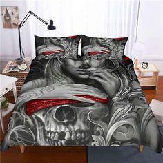 a bed with two skulls and red eyes on it