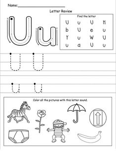 the letter u worksheet for children to practice their handwriting and writing skills, with pictures