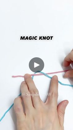 two hands are knitting together yarn with the words magic knot written in black and white