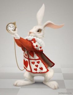 a white rabbit in a red and white outfit holding a clock with hearts on it