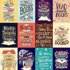 six different books with hand lettering and illustrations on the front, back, and sides