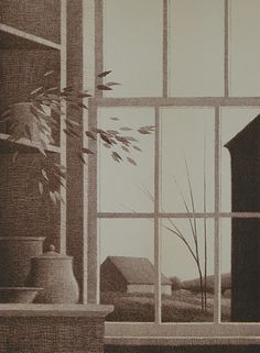 an image of a window with vases on the windowsill and a house in the background