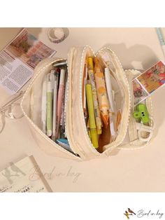 Bird in Bag - Korean Stationery Holder Bag for School Students with Aesthetic Pencil Case Capacity for Childrens Pens Large Capacity Pencil Case Pouch For School, Portable White Rectangular Organizers, Trendy Large Capacity Pencil Case For School, Portable White Organizers For Everyday Use, Back To School Pencil Case For Daily Use, Back To School Pencil Cases For Daily Use, Back To School Cosmetic Bag With Pen Slots, Trendy Stationery For Back To School, Beige Portable Cosmetic Bag For School